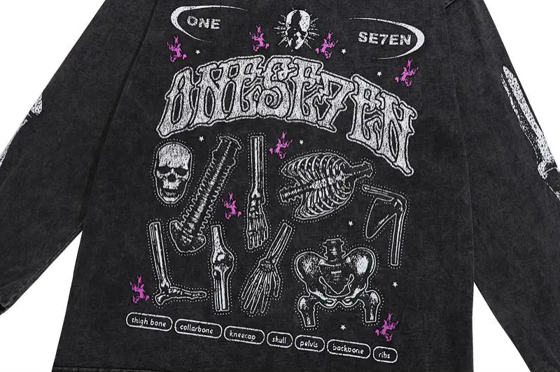 Fashion Distressed Washed T-shirt Harajuku Skull Skeleton Printed Unisex Hip Hop Tees Y2K Loose Mens Casual Cotton Tops T-shirts Street King Limited