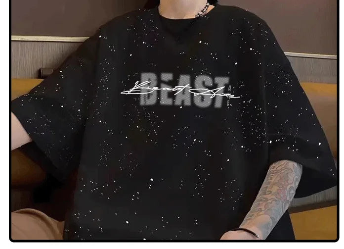 Summer cotton loose round neck starry sky short sleeved men and women American street trend personalized printed T-shirt top Street King Limited