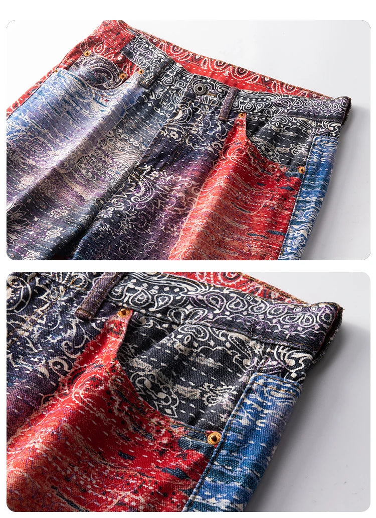 hip hop paisley printed denim jeans mens new casual zipper straight jeans streetwear high street loose pants baggy jeans joggers unique joggers style 1397
