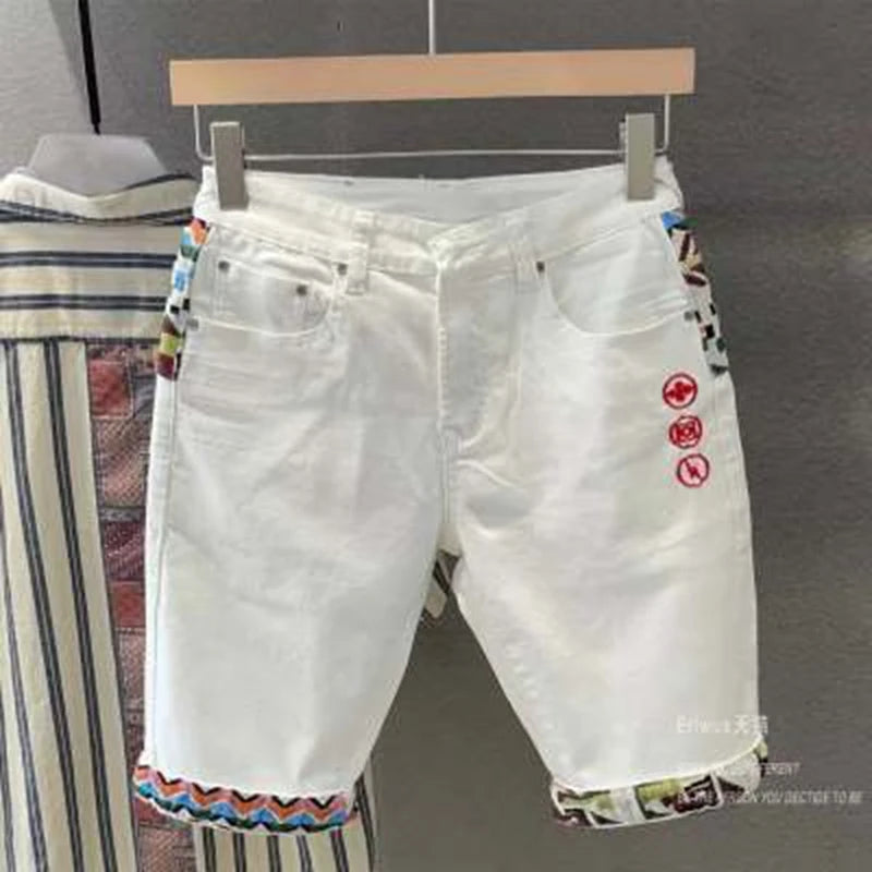 Summer New Denim Shorts Men's Stitching Embroidery Ripped Knee-length Shorts White 2024 Korean Fashion High Quality Jeans Street King Limited
