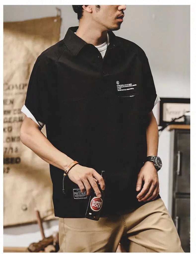 American Vintage Short-Sleeved T-Shirt Men's Summer Vintage Workwear Polo Shirt Loose And Versatile Five-Quarter Sleeve Top Street King Limited