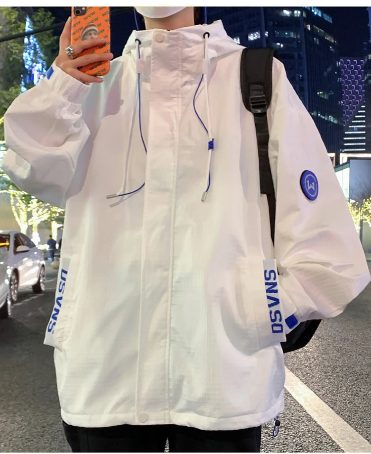 korean style punch jacket men autumn new epaulet design hooded jackets waterproof windproof loose unisex coats unique default style 5076
