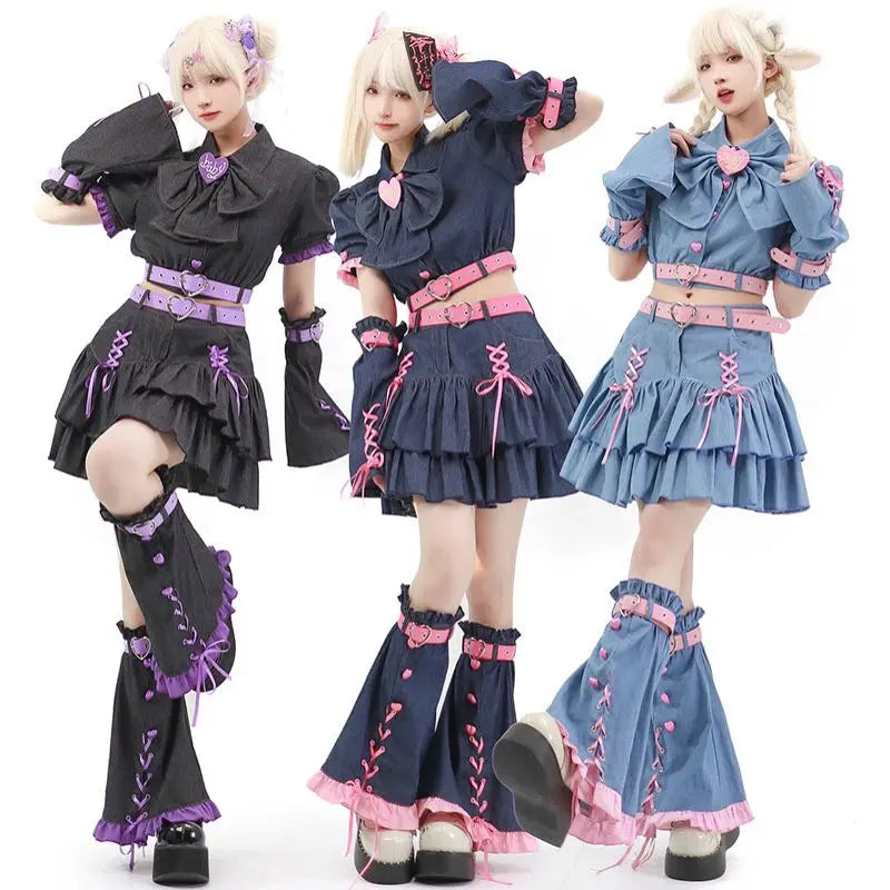 Y2K Set Sweetheart Spicy Girl dress skirt sets Women's 2023 Summer Bubble Sleeve Bowtie Campus Style 2 piece sets womens outfits Street King Limited