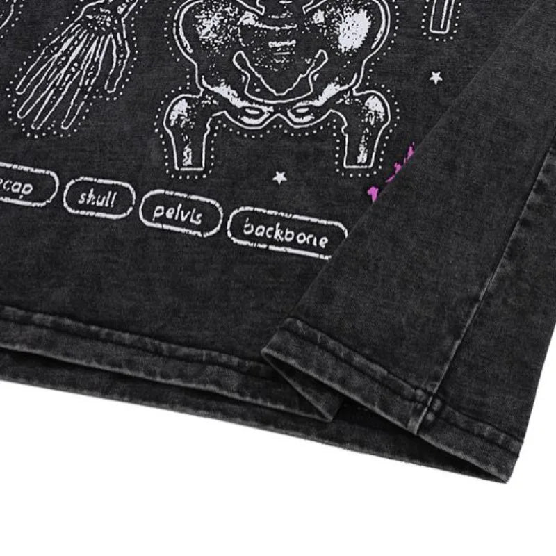 Fashion Distressed Washed T-shirt Harajuku Skull Skeleton Printed Unisex Hip Hop Tees Y2K Loose Mens Casual Cotton Tops T-shirts Street King Limited