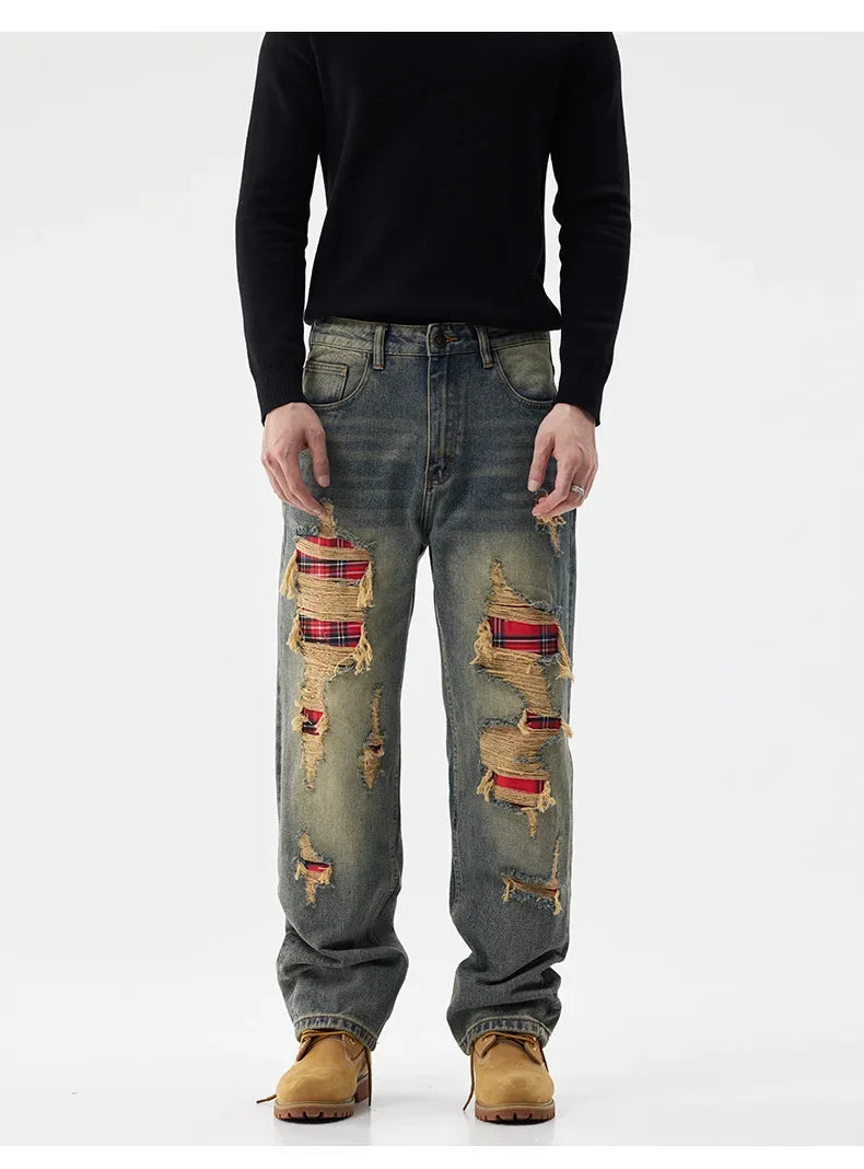 men broken hole patch loose casual plus size straight ripped denim pants jeans man streetwear fashion baggy jeans trousers unique jeans style 3045