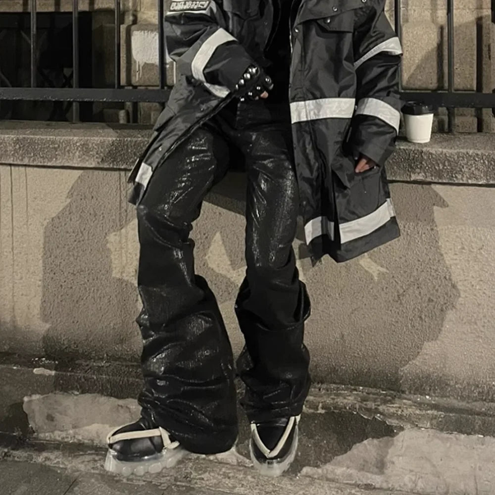 Streetwear Black Wax Leather Strecth Jeans for Men Ropa Hombre Baggy Y2k Flare Pants Oversized Straight Denim Trousers Street King Limited