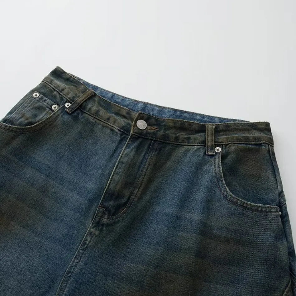Summer High Street Hip Hop Jeans Mens Halo Dye Hole Washed Straight Denim Pants Loose Silhouette Retro Micro Flared Trousers Street King Limited
