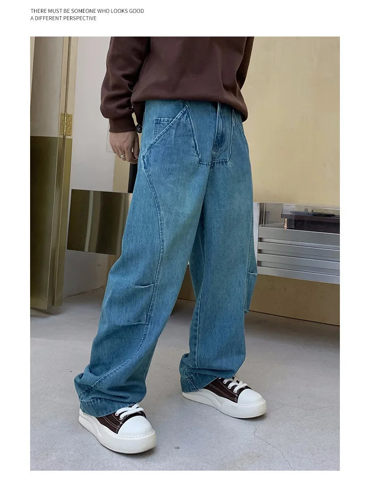 cityboy splice fashion brand jeans men streetwear hip hop vibe loose casual straight washed denim baggy jeans pant man trousers unique jeans style 2548