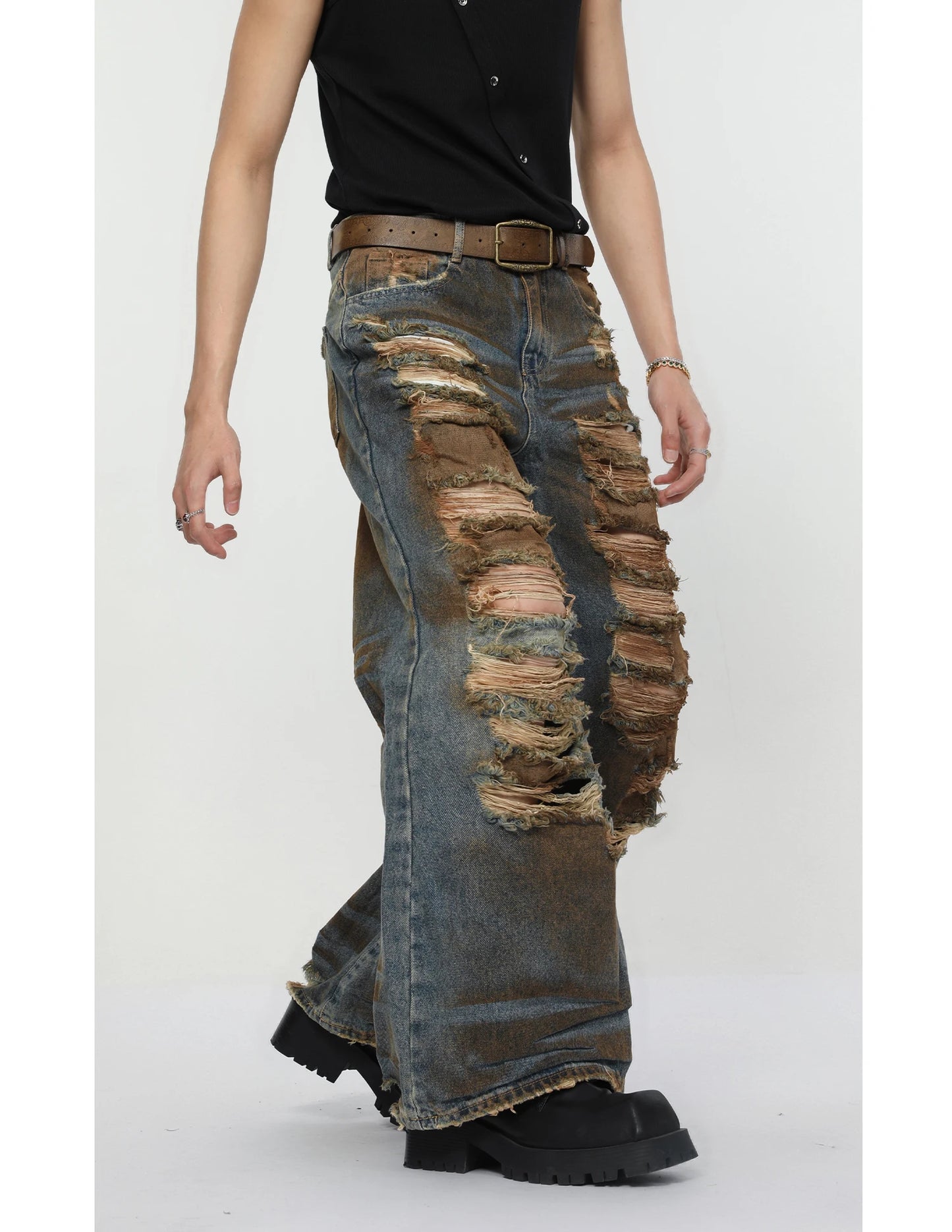 2 pieces sets mens dirty graffiti wide shouder denim jeans jacket coat and ripped holes wide legs pants joggers streetwear sets unique joggers style 3551