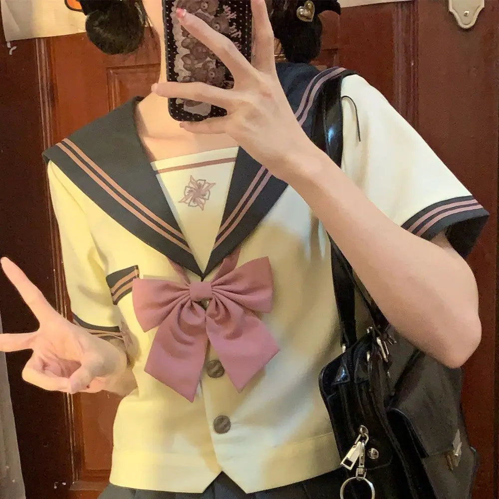 Student Union JK Uniform Sailor Suit Blue Skirt Long Sleeve Navy Collar Bow Tie Two Colors Two-piece Set Vitality Kawaii Street King Limited