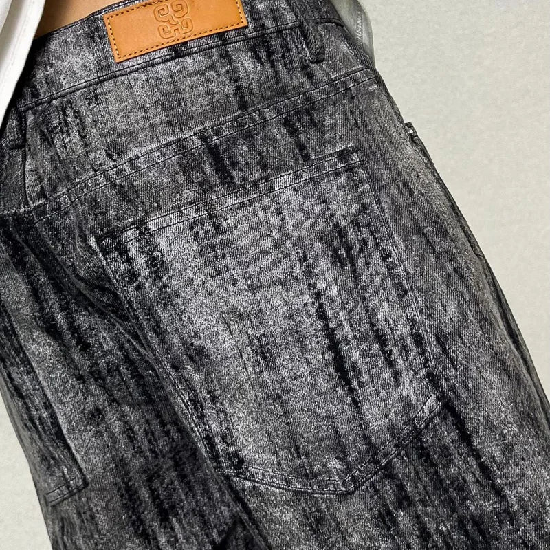 mens streetwear fashion hip hop vibe casual retro tie dyed denim pant jeans cityboy black gray straight jeans trousers unique jeans style 2955