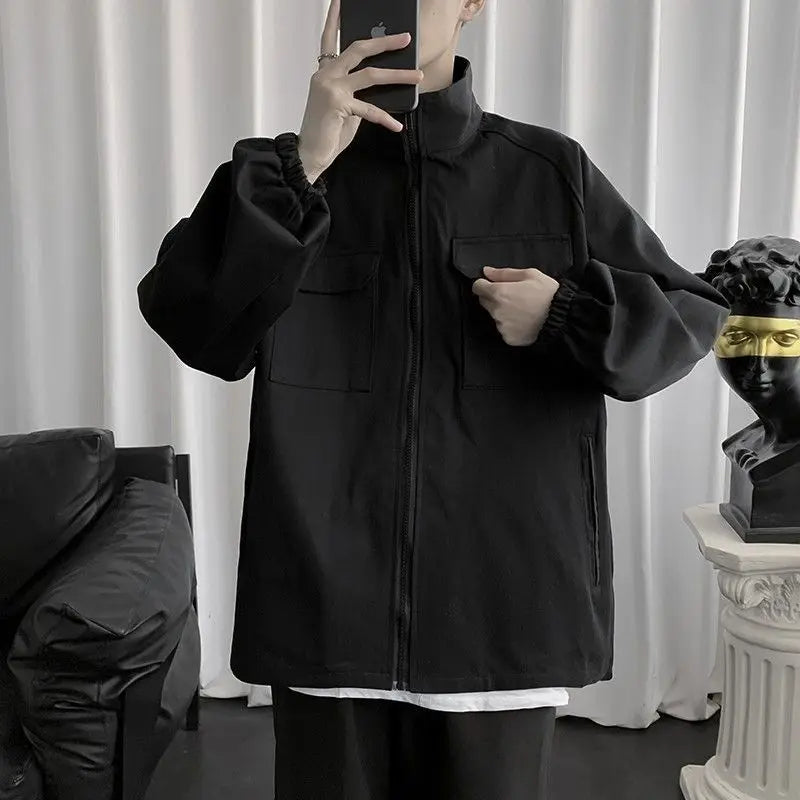 work jacket mens spring and autumn korean style trendy handsome top ins trendy brand loose hong kong style stand collar jacket menswear bottoms