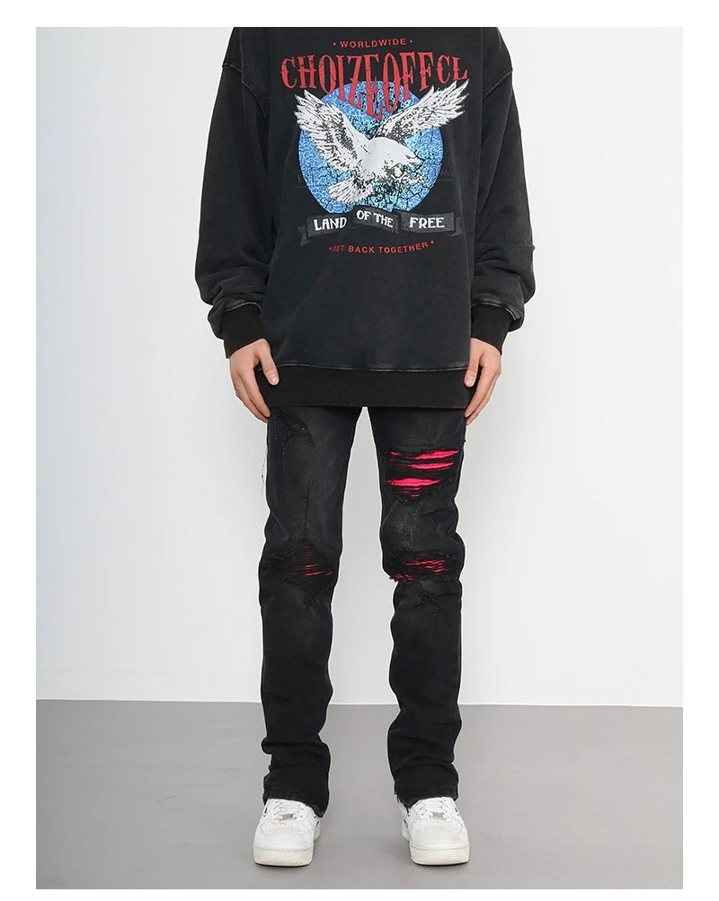 knee ripped patchwork jeans for men hip hop skinny biker taped jean trouser slim fit black denim pants fashion streetwear jogger unique joggers style 2004