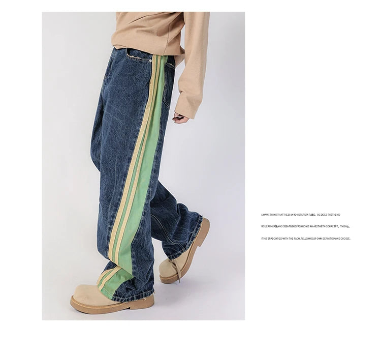 men streetwear fashion side splice hip hop loose casual wide leg straight baggy jeans pant cityboy jeans pants trousers unique jeans style 2499