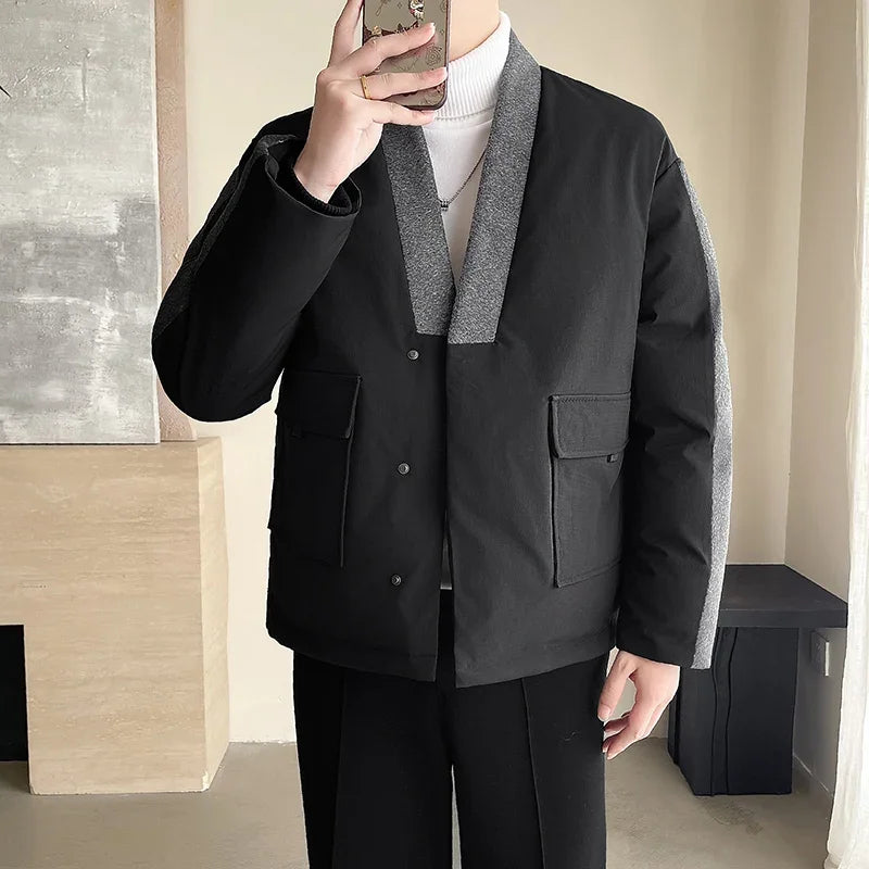 2024 Winter Collarless Cotton-padded Jacket Men Japanese Korean Fashion Loose Casual Thicken Warm Parkas Jacket Cityboy Coat Street King Limited