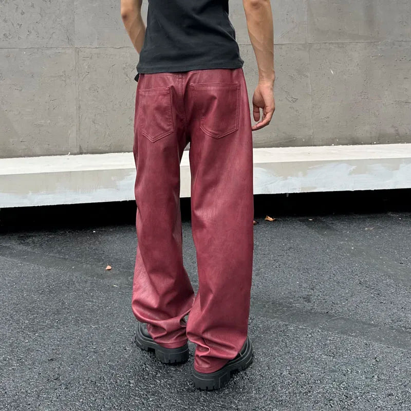 men streetwear fashion hip hop loose casual wide leg leather baggy motorcycle pant cityboy cargo pants trousers multi-pocket cargos