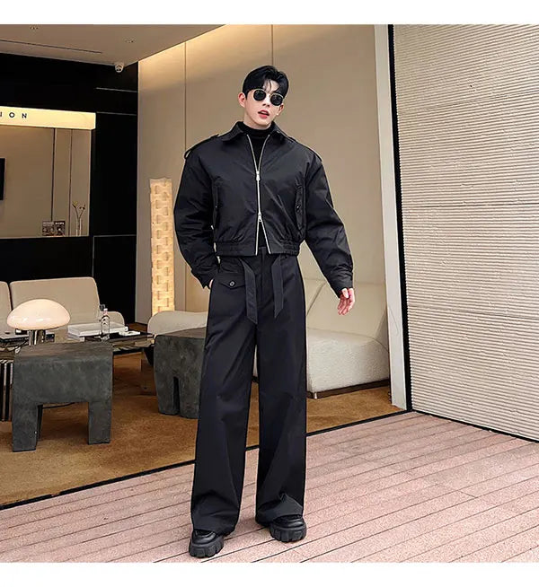 men 2 pieces sets quilted short cargo jacket pant autumn winter korean streetwear casual thicken bomber coat trousers suits unique cargo style 2648