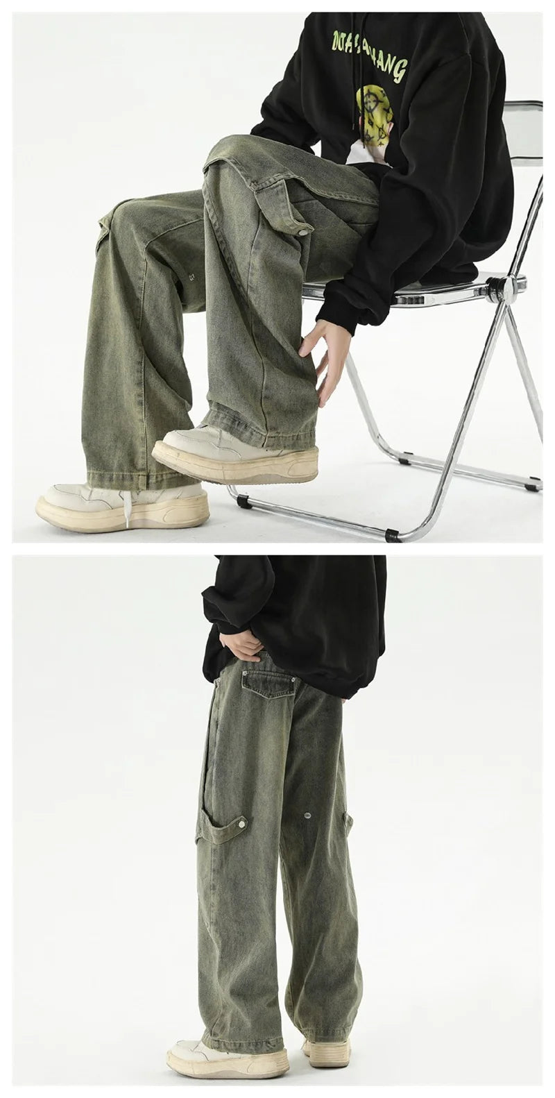2024 new hip hop wide leg jeans for men washed distressed baggy denim trousers high street deconstruction cargo jean y2k pants unique cargo style 445