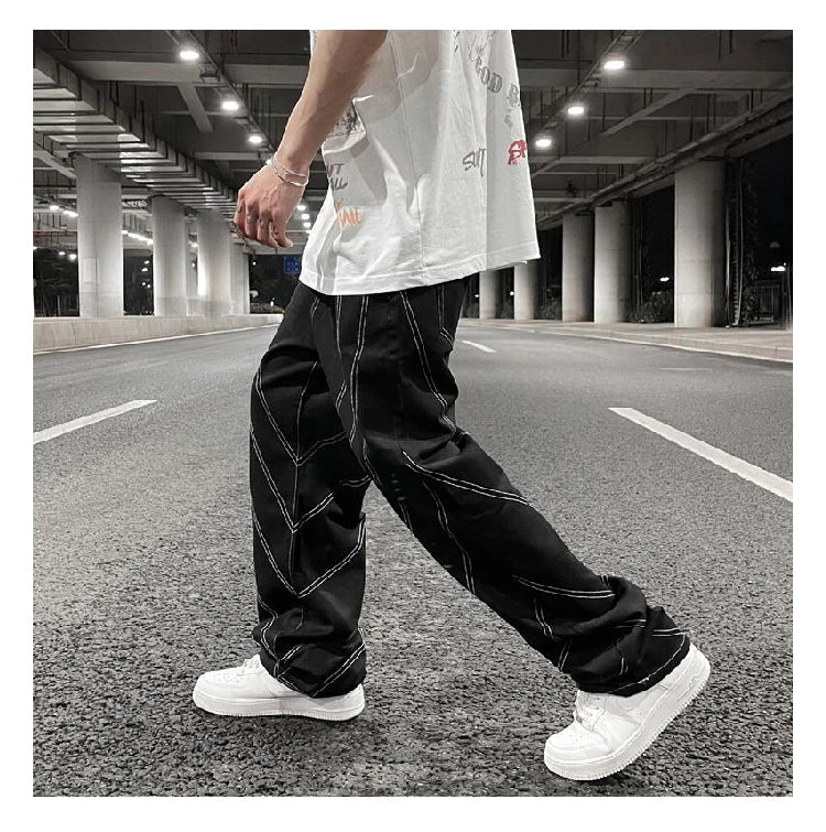 fashion design lines denim jeans mens zipper loose straight trousers hip hop new casual streetwear pants joggers baggy jeans unique joggers style 429