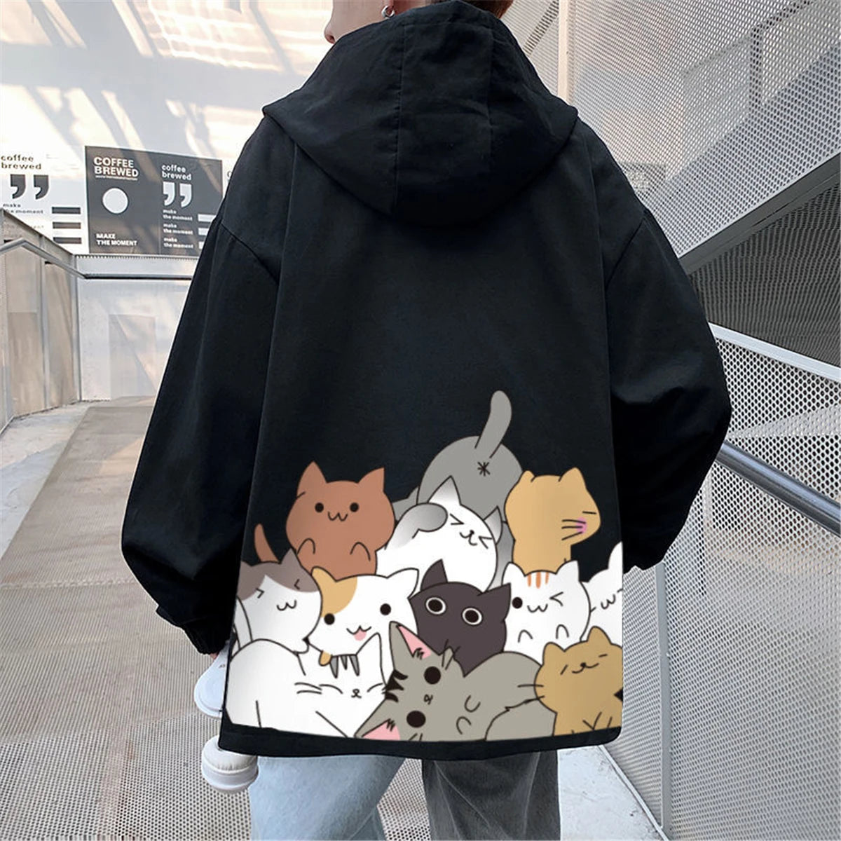 Black Cat Print Baseball Jacket Boys Long Sleeve Loose Ins Harajuku High Street Tops Streetwear Gothic Gray Bomber Jacket Men Street King Limited