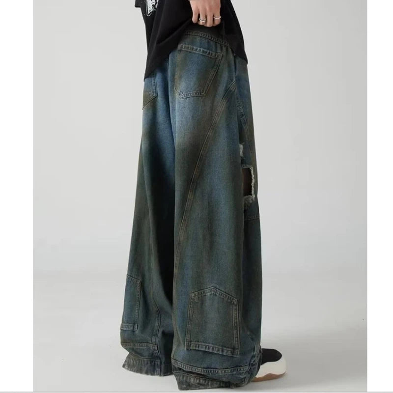 Summer High Street Hip Hop Jeans Mens Halo Dye Hole Washed Straight Denim Pants Loose Silhouette Retro Micro Flared Trousers Street King Limited