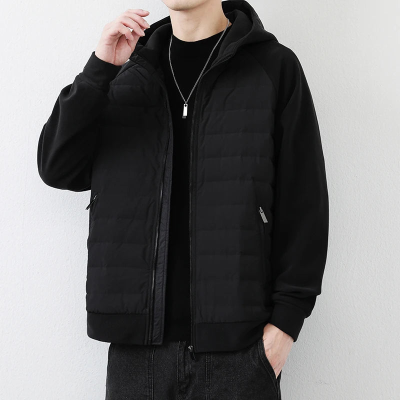 90 duck down jacket men fashion splice loose casual lightweight down hooded down jacket winter warm hoody coat outerwear relaxed fit trousers