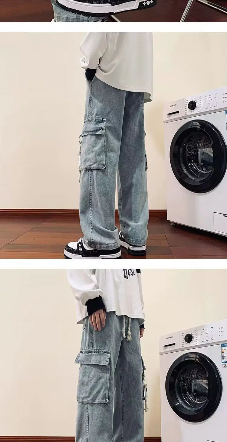 american retro and personalized straight leg jeans for men and women with hiphop big pocket design work pants loose casual pants unique jeans style 753
