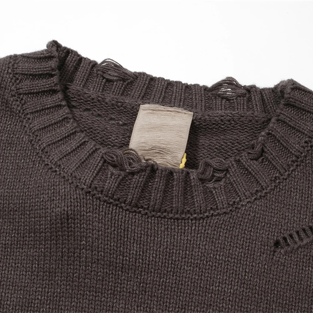 Undermycar 2023 New High Street Fashion Brand Worn Out Hole Large Loose Round Neck Sweater Brown Street King Limited