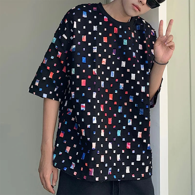 Summer Cotton Short Sleeved T-shirt Men Fashion Colorful Plaid Tshirt Men Streetwear Hip-hop Loose Hollow Out T Shirt Mens Tops Street King Limited