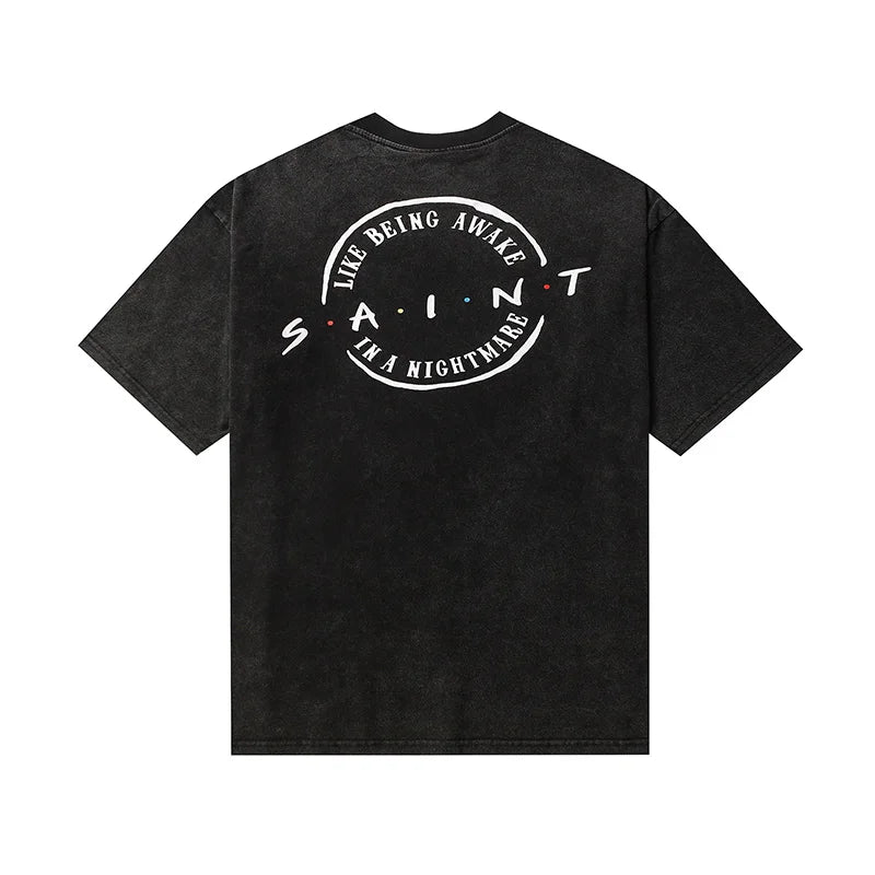 Saint T-shirt Summer Men Woman High Quality Street Hip Hop Chaopai Lovers Loose Casual O-Neck Wash Top Tees Street King Limited