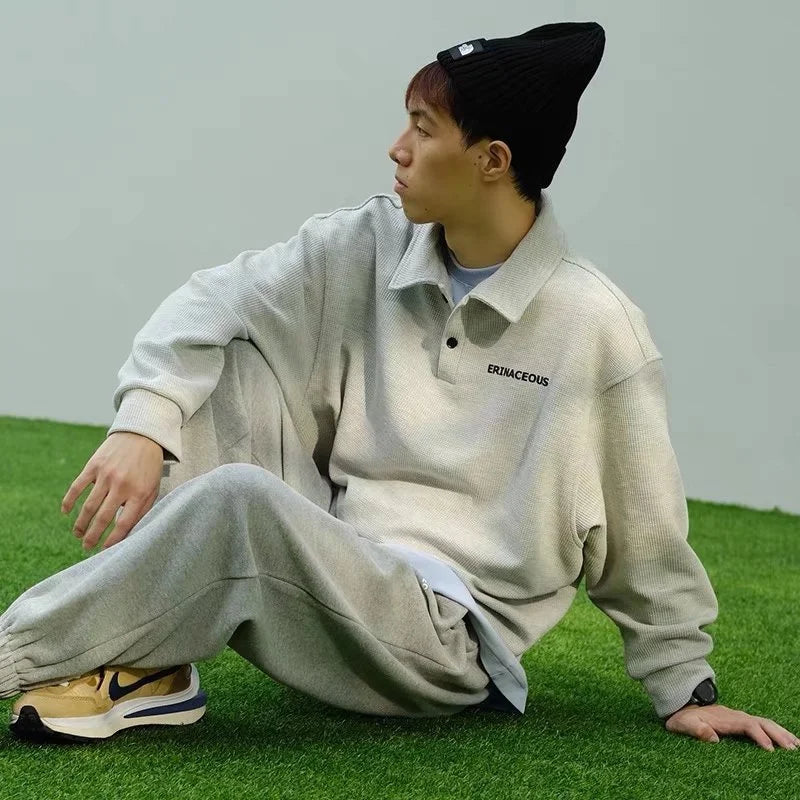 Streetwear Autumn Japanese Polo Sweatshirts Men Casual Waffle Turn Down Collar Sw 2025 Autumn Japanese Polo Sweatshirts Men Casual Waffle Turn Down Collar Sweatshirt High Street Long Sleeve Tops New In Hoodie Fashion Sweater Jacket With Graphic Design For Men