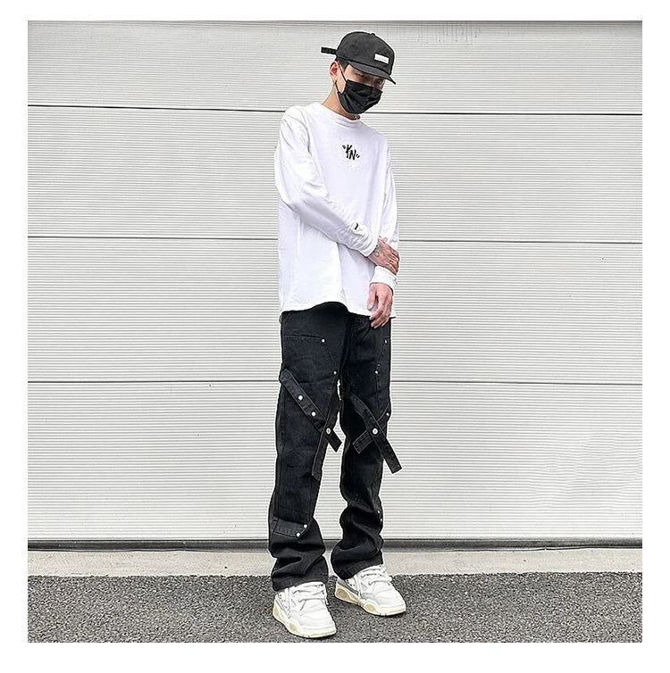 fashion knee adjust belt decoration denim jeans zipper straight jeans hip hop streetwear mens casual loose joggers jeans pants unique joggers style 1535