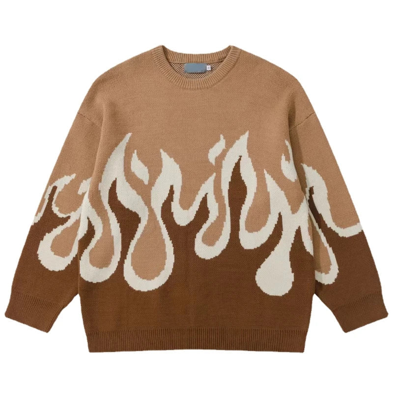 Hip Hop Fire Knitted Oversized Sweater Men Autumn Winter O-neck Long Sleeve Pullover Streetwear New Loose Tops Sweaters Clothing Street King Limited