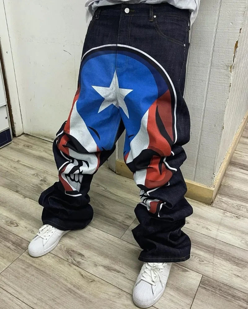 y2k harajuku high street fashion brand fashion washed jeans street hip hop high waist animation printed oversized wide leg pants stacked flare jeans