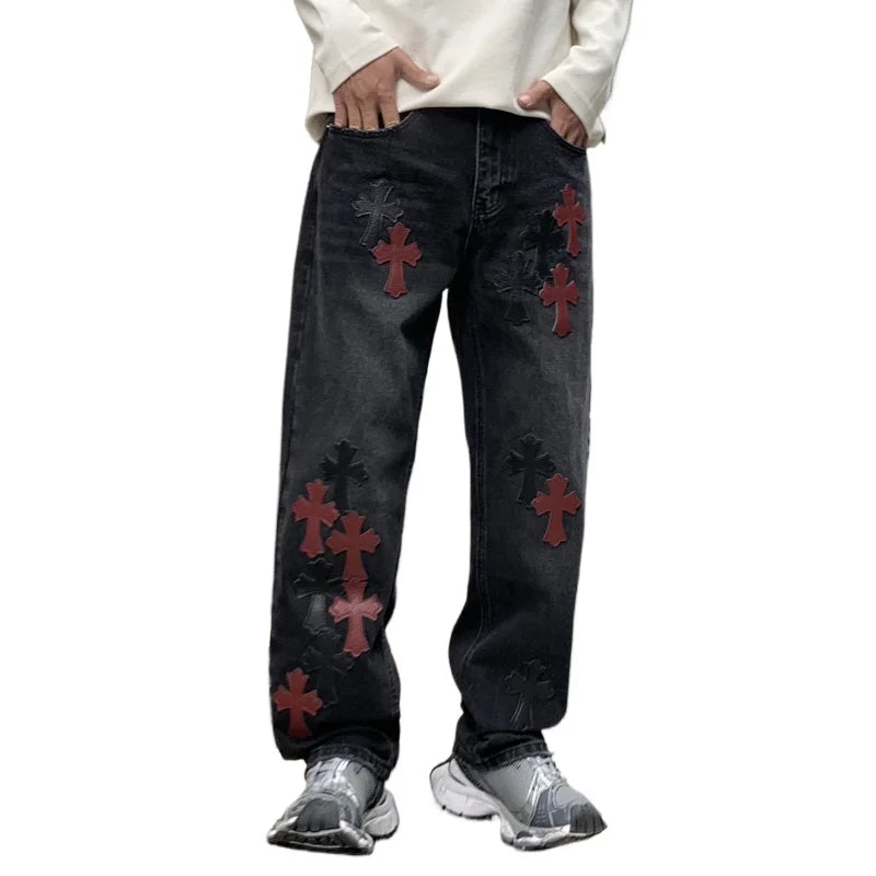 men embroidery streetwear brand fashion hip hop loose casual straight motorcycle denim jeans pant cityboy y2k jeans trousers unique jeans style 2380