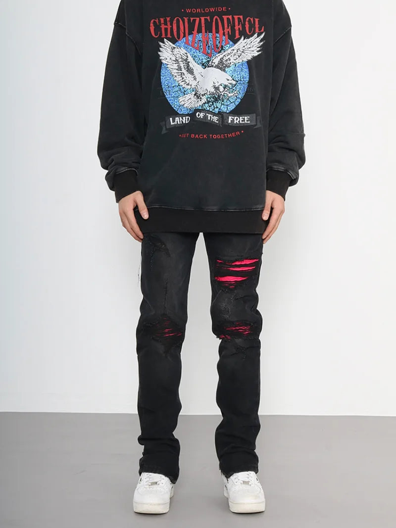 knee ripped patchwork jeans for men hip hop skinny biker taped jean trouser slim fit black denim pants fashion streetwear jogger casual joggers
