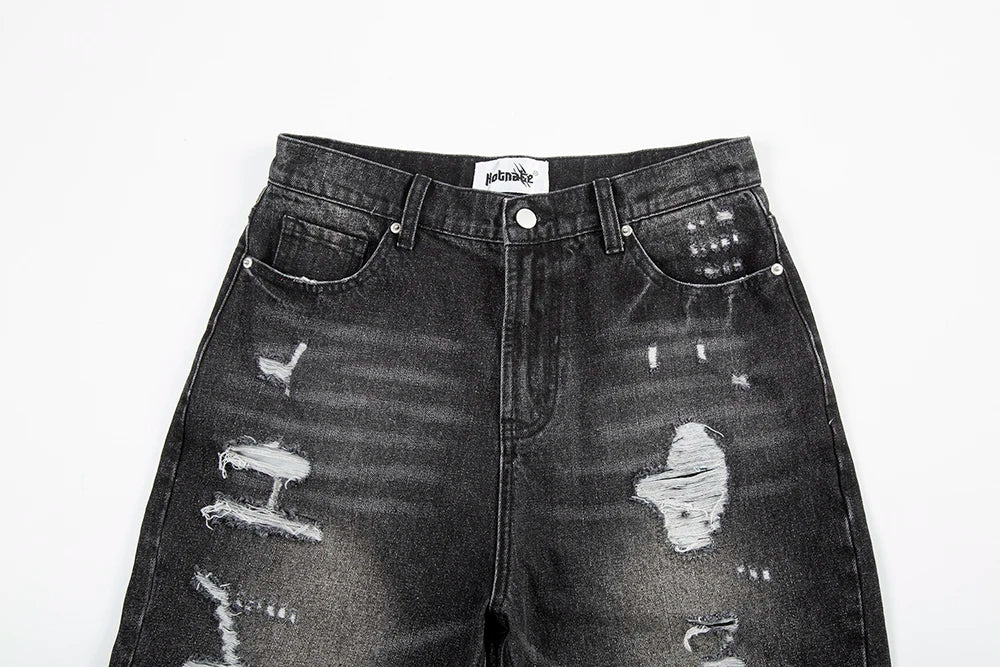 y2k frayed hole damaged washed black baggy jeans for men streetwear straight casual denim trousers ropa hombre loose cargo pants unique cargo style 2453