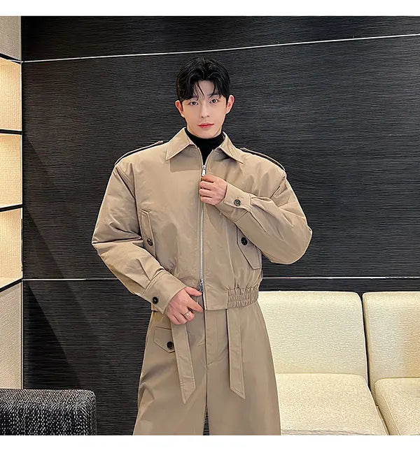 men 2 pieces sets quilted short cargo jacket pant autumn winter korean streetwear casual thicken bomber coat trousers suits unique cargo style 2641