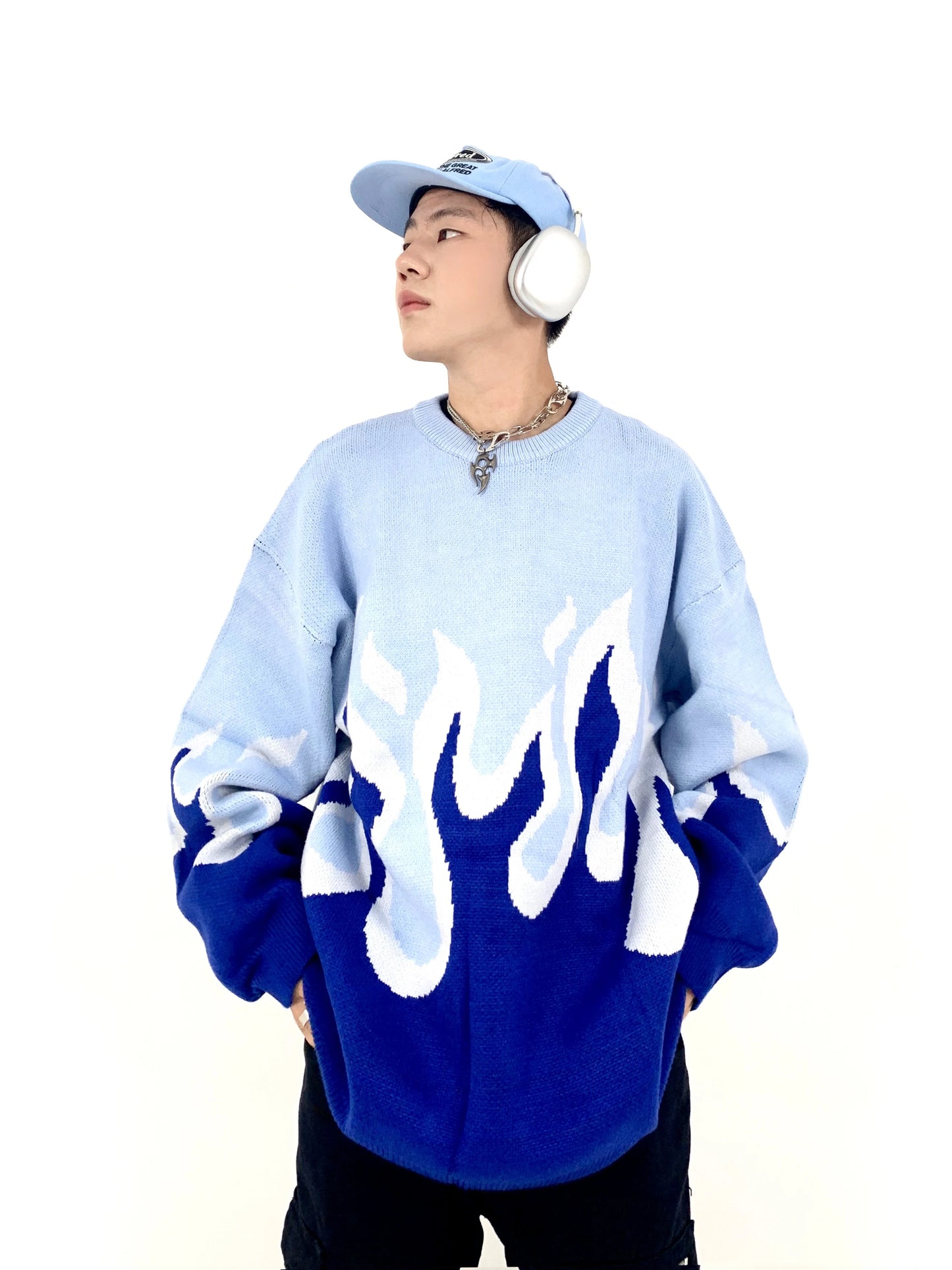 Hip Hop Fire Knitted Oversized Sweater Men Autumn Winter O-neck Long Sleeve Pullover Streetwear New Loose Tops Sweaters Clothing Street King Limited