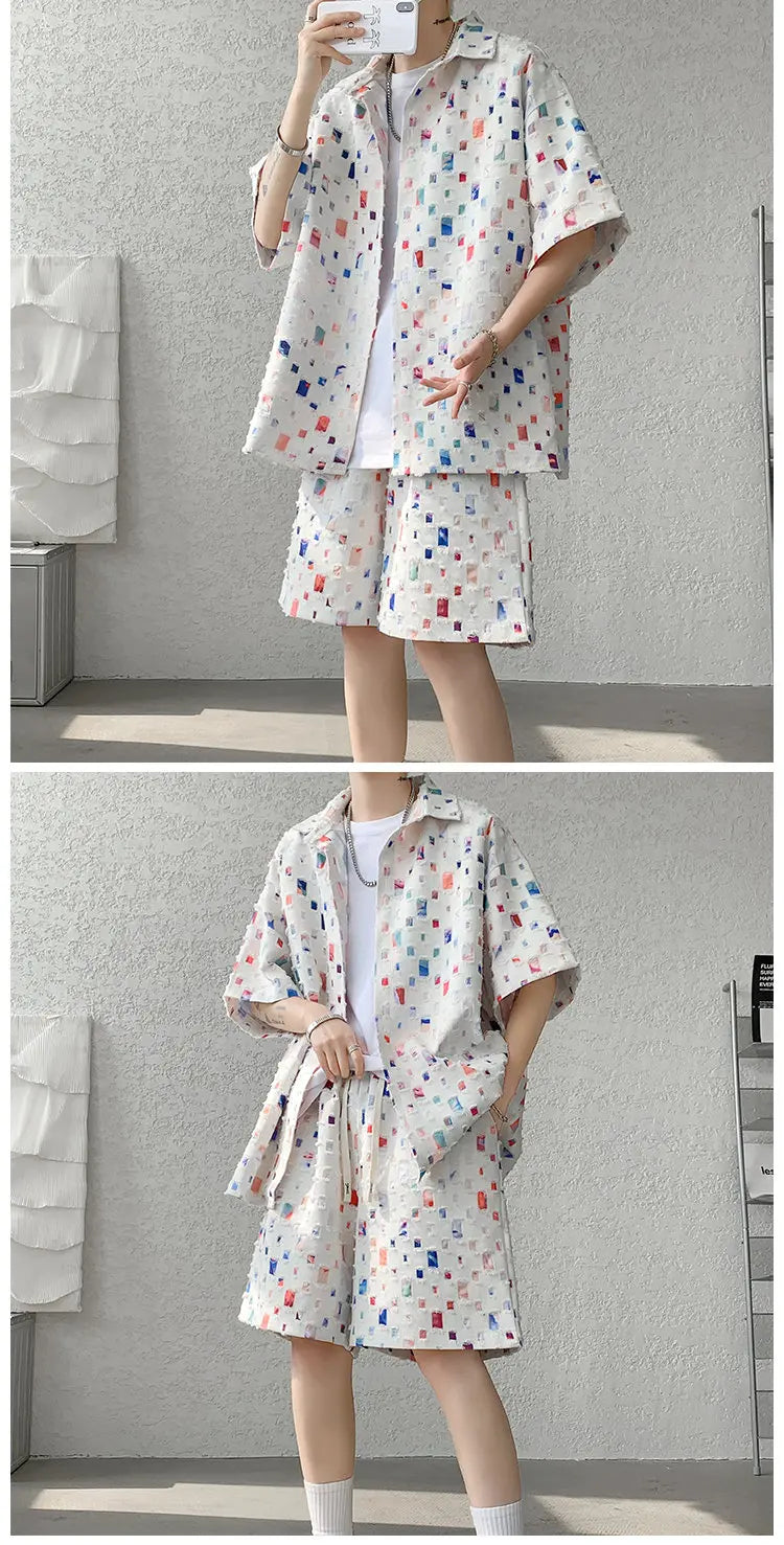 Summer Sets Men Fashion Short Sleeved Shirt Shorts Two-piece Men Korean Loose Hollow Out Set Mens Short Sets Plus Size M-5XL Street King Limited