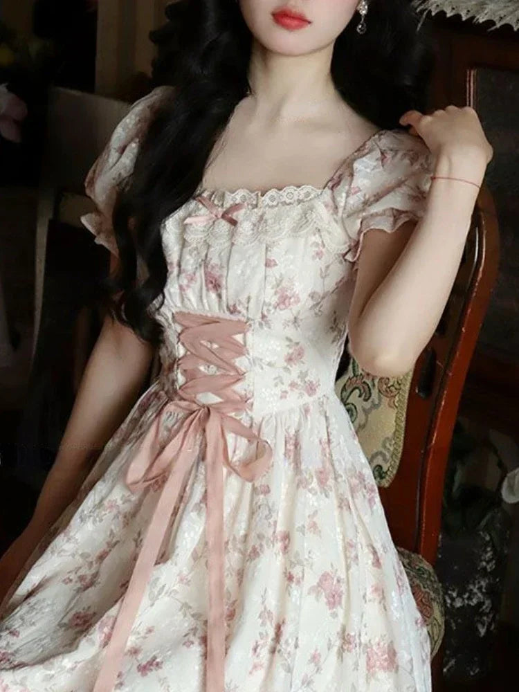Summer Dress Y2k Floral Puff Sleeve Dress for Woman Robe Sexy Lace Up Side Split Chic Mid-Calf Aesthetic Dress Sexy Bodycon Robe Street King Limited