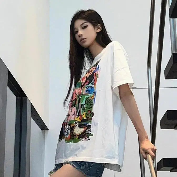 Summer t-shirt short-sleeved women's pure cotton student lazy style ins trend Korean round neck loose slim abstract y2k tops emo Street King Limited
