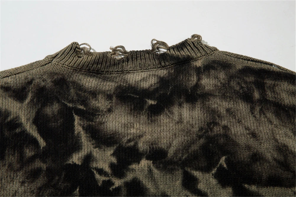 2023 Y2K Hole Knitted Sweater Hip Hop Streetwear Tie Dyed Distressed Ripped Pullover Men Harajuku Casual Knitwear Unisex Street King Limited