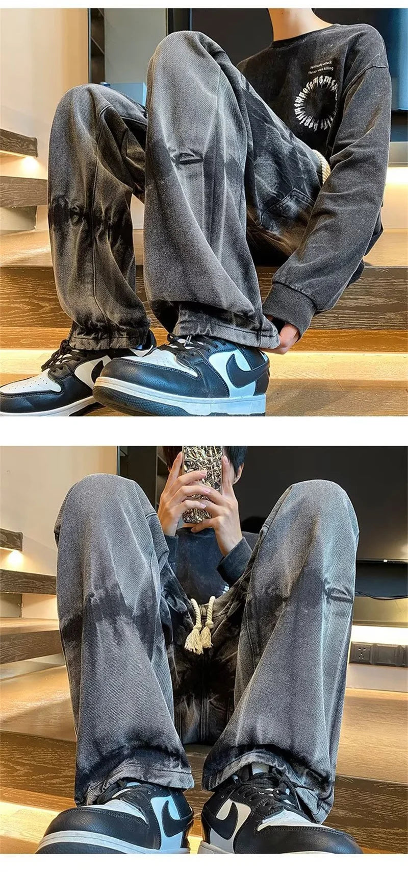 2025 new tie dye retro drawstring jeans for men baggy high street straight pants hip hop fashion casual y2k jean hombre pantalon unique jeans style 852