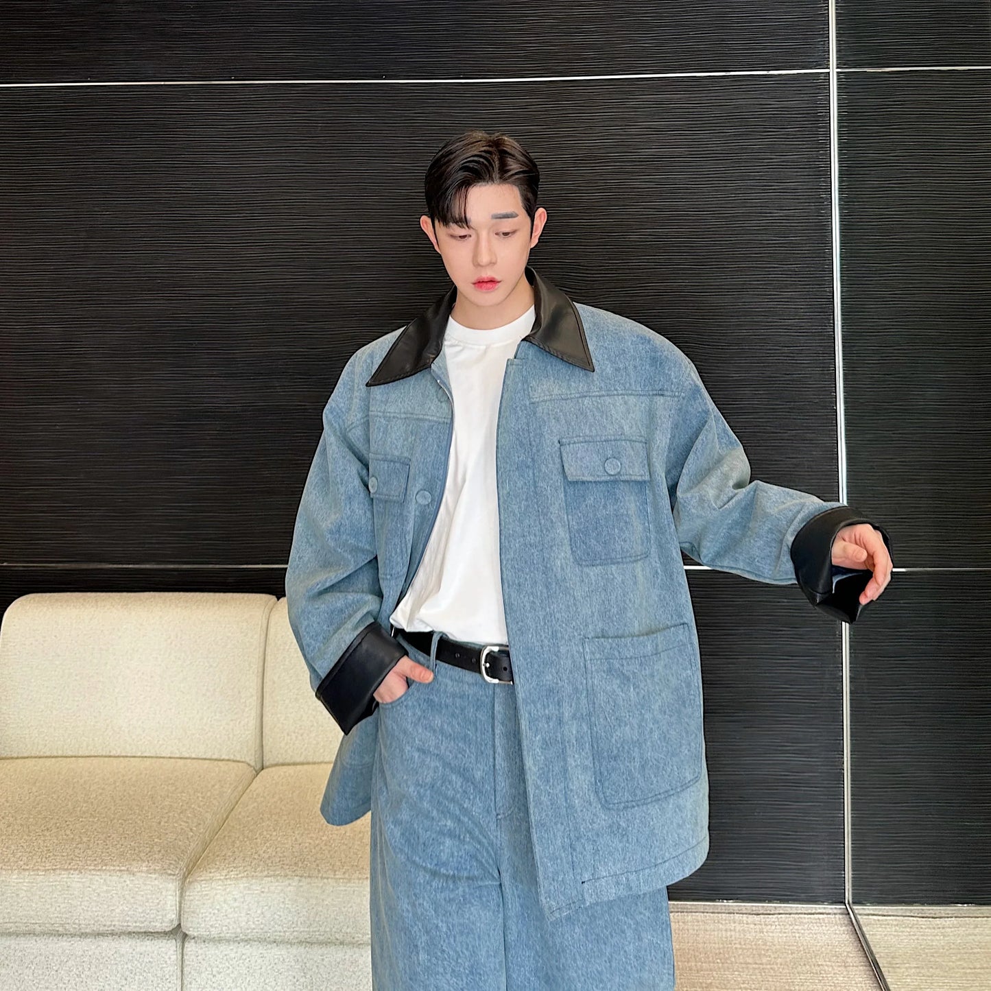 fashion show suits men streetwear washed denim splice loose casual jacket wide leg jeans pants 2 piece sets coat trousers suits unique jeans style 2622