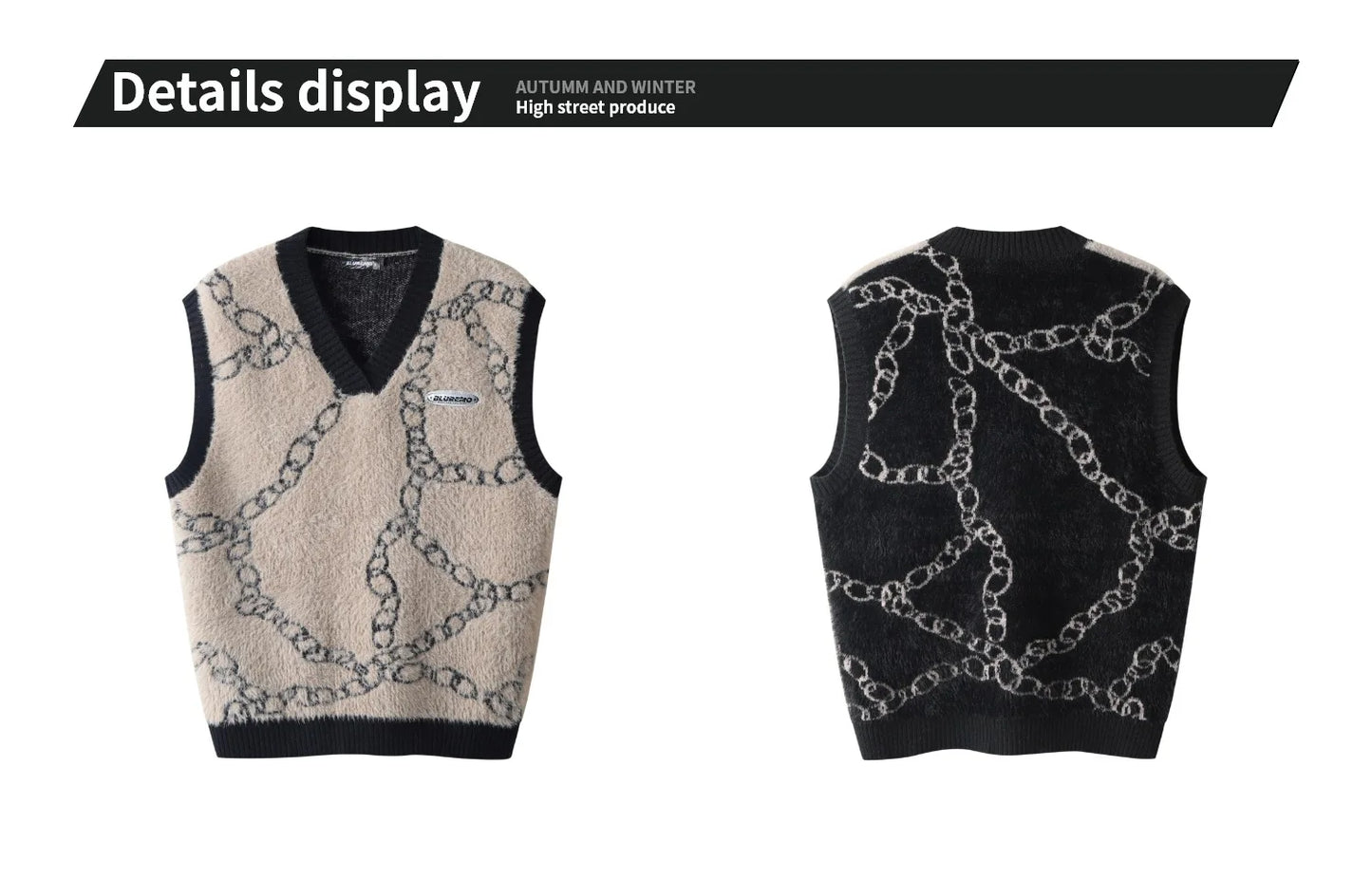High Street Harajuku Imitation Mink Hair Knitted Vest Chain Color Block V-neck Pullover Sweater Vest Oversized Knitwear Trendy Street King Limited