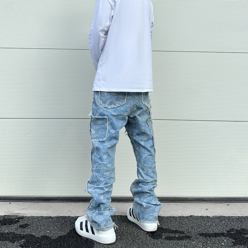 vintage high street washed light blue flared jeans cashew flower jacquard pattern rough edge jeans pants for men and women unique jeans style 920