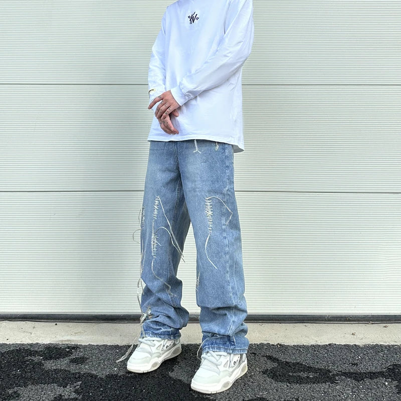 fashion loose streetwear denim jeans new casual wide legs straight jean pants hip hop tassel joggers baggy jeans men clothing unique joggers style 4899