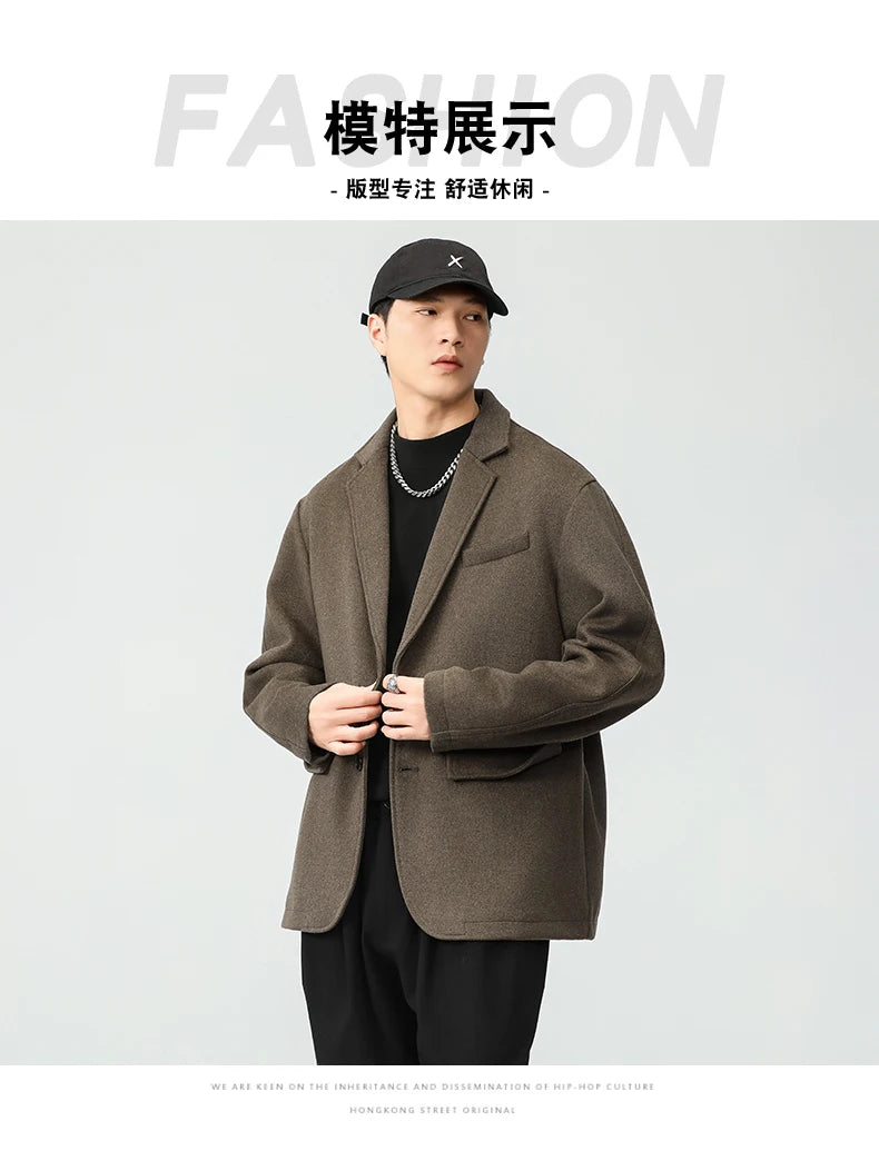 autumn winter men business casual fashion retro woolen thick blazer jacket korean streetwear plus size suit coat outerwear unique default style 1340