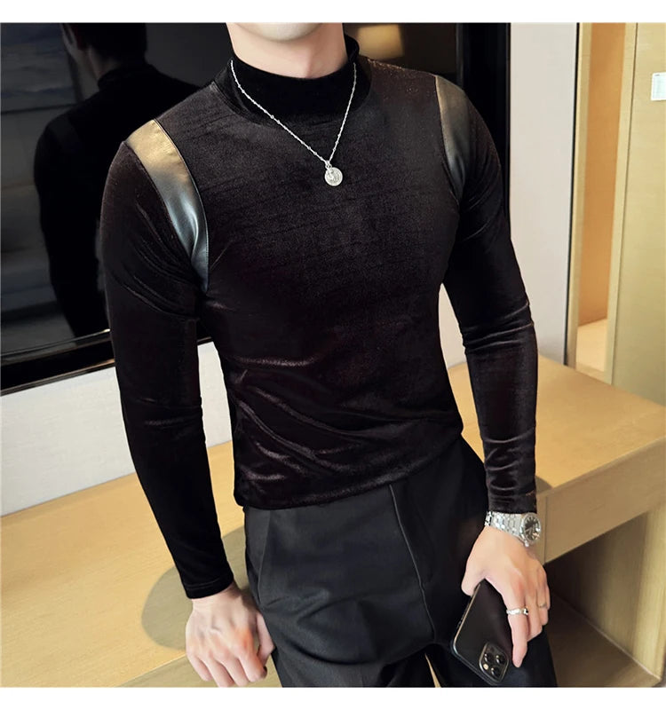 Turtleneck Stretch Slim-fit T-shirt Men Long Sleeve Thicken Elastic Velvet Retro Fashion Casual Tshirt Handsome Man T Shirts Street King Limited
